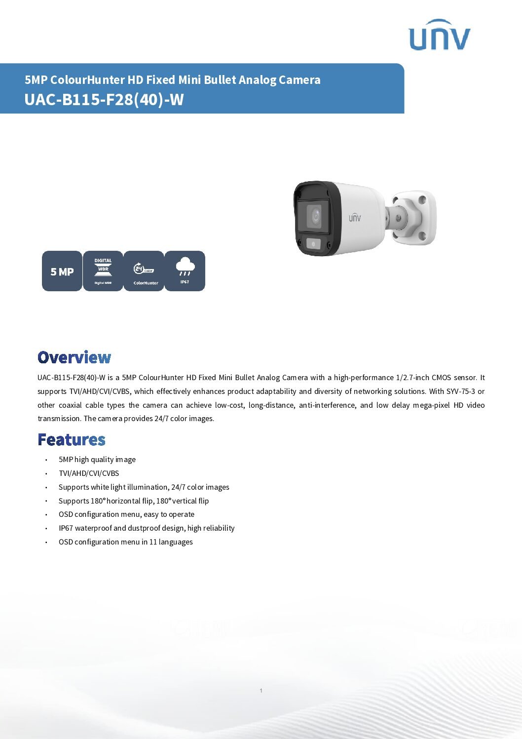 5MP HD Fixed IR Mini Bullet Analog Camera UAC-B115-F28(40) - Image 2