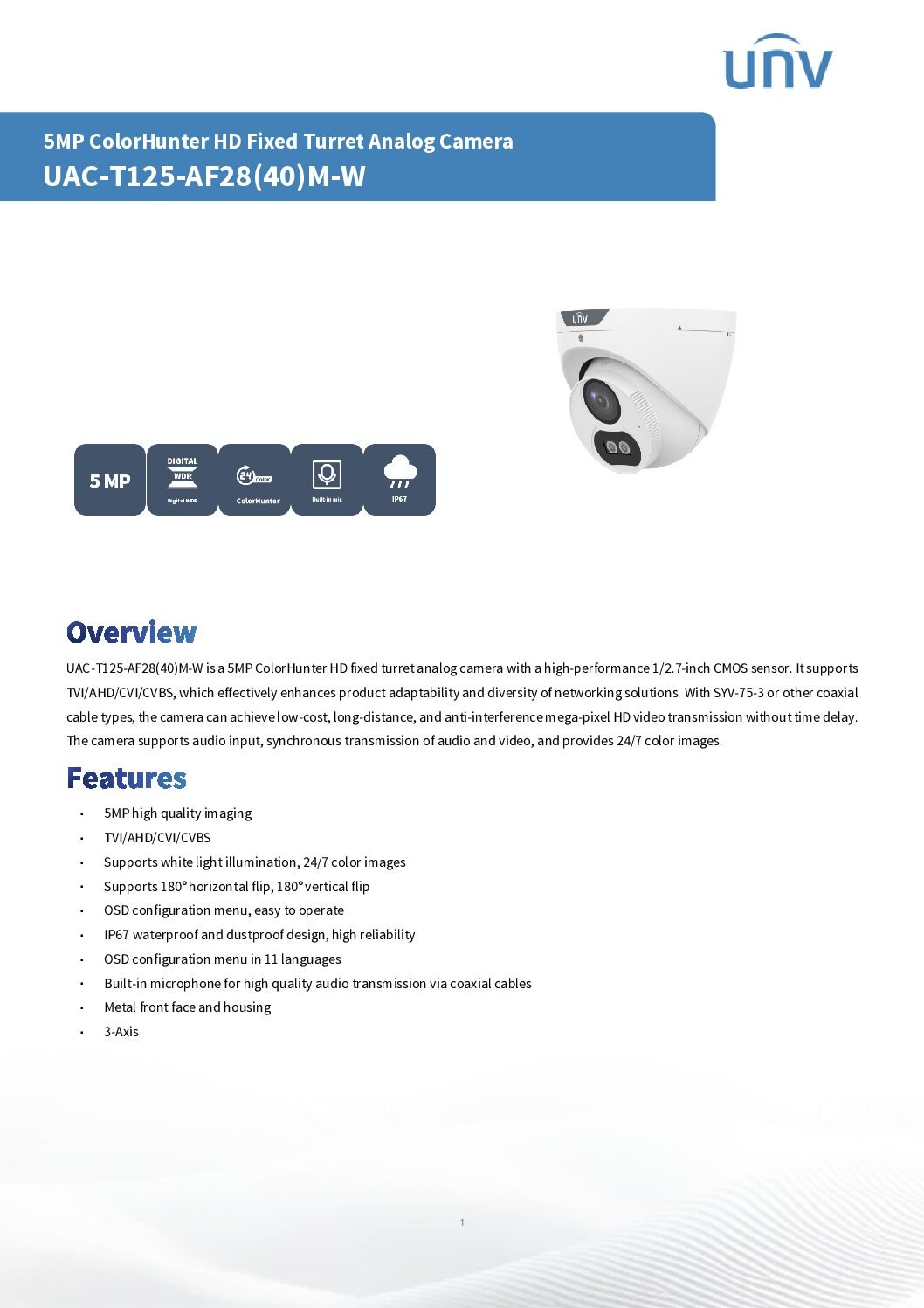 5MP ColorHunter Fixed Warm Light Turret Analog Camera UAC-T125-AF28(40)M-W - Image 2