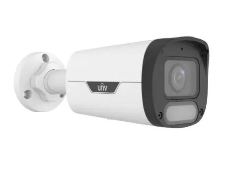 Uniview IPC2312LE-ADF28KM-WP is a 2MP fixed IR IP Bullet camera with a motorized 2.8mm lens, ColorHunter warm-light illumination for 24/7 color video, built-in microphone with noise suppression, microSD card slot, PoE power, and IP67-rated housing.