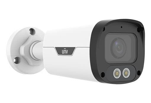 Uniview IPC2314LE-ADF28KM-WP is a 4MP fixed IR IP Bullet camera with a motorized 2.8mm lens, ColorHunter warm-light illumination for 24/7 color video, built-in microphone with noise suppression, microSD card slot, PoE power, and IP67-rated housing.
