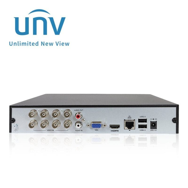 Uniview XVR301-08G3 8-Channel 1U Hybrid XVR (5-in-1 Adaptive Access, 2MP Live View & Playback, 1-SATA Up to 16TB, H.265/H.264 Compression, Audio over Coax, Compact 1U Housing) — Supports TVI, AHD, CVI, CVBS, and IP cameras with long-distance transmission over coaxial cable, suitable for upgrading legacy analog systems to high-definition surveillance.