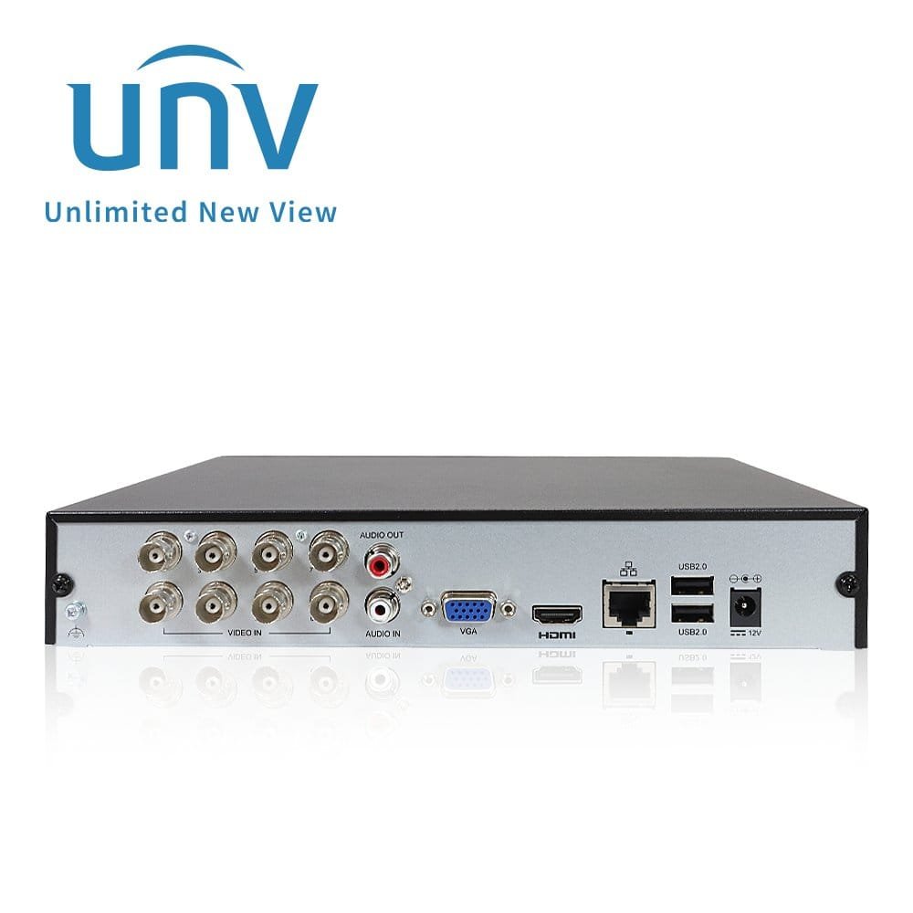 Uniview XVR301-08G3 8-Channel 1U Hybrid XVR (5-in-1 Adaptive Access, 2MP Live View & Playback, 1-SATA Up to 16TB, H.265/H.264 Compression, Audio over Coax, Compact 1U Housing) — Supports TVI, AHD, CVI, CVBS, and IP cameras with long-distance transmission over coaxial cable, suitable for upgrading legacy analog systems to high-definition surveillance.